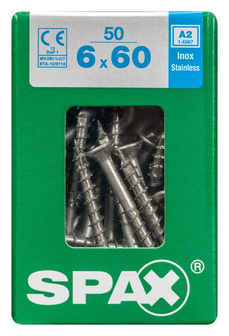 SPAX Tornillo de acero inoxidable, 6 x 60 mm, 50 unidades, Rosca parcial, Cabeza plana, T-STAR plus T30, 4CUT, Acero inoxidable A2