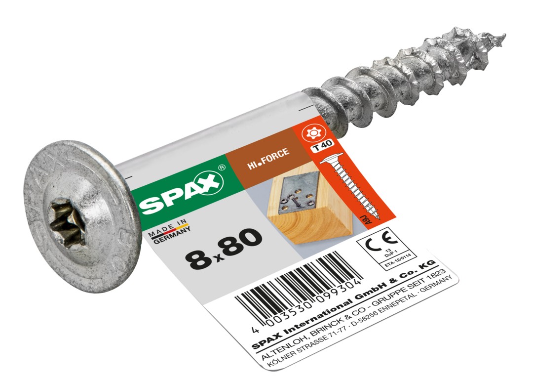 SPAX construcciones en madera, cabeza arandela, 8 x 80 mm, 1 unidad, Rosca completa, T-STAR plus T40, 4CUT, WIROX