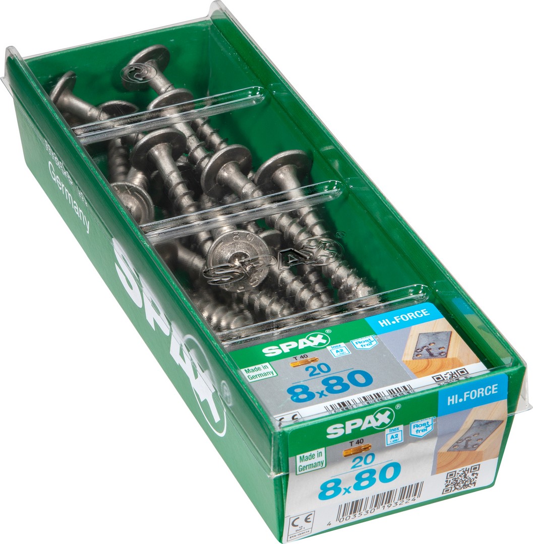 SPAX construcciones en madera, cabeza arandela, 8 x 80 mm, 20 unidades, Rosca completa, T-STAR plus, 4CUT, Acero inoxidable A2