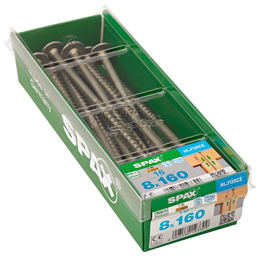 SPAX construcciones en madera, cabeza arandela, 8 x 160 mm, 16 unidades, Rosca parcial, T-STAR plus, 4CUT, Acero inoxidable A2