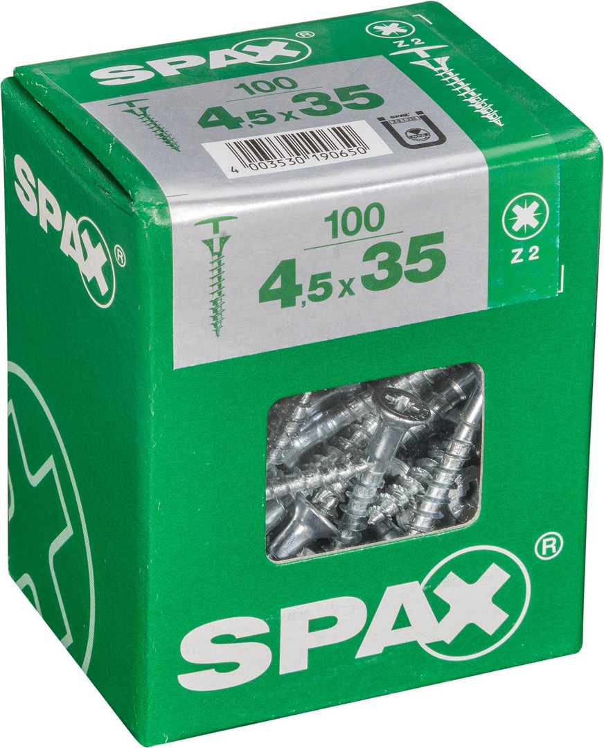 SPAX Tornillo universal con taladro en la cabeza, 4,5 x 35 mm, 100 unidades, Rosca completa, Cabeza plana, Ranura en cruz Z2, Punta S, WIROX