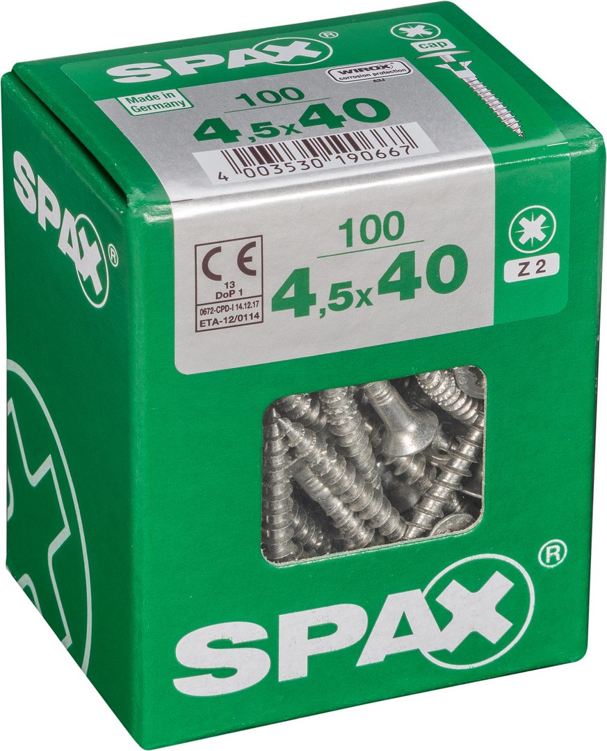 SPAX Tornillo universal con taladro en la cabeza, 4,5 x 40 mm, 100 unidades, Rosca completa, Cabeza plana, Ranura en cruz Z2, Punta S, WIROX
