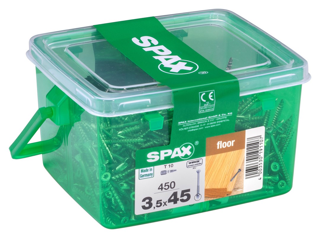 SPAX para suelos de madera maciza, 3,5 x 45 mm, 450 unidades, Rosca parcial, Cabeza plana, T-STAR plus T10, Punta CUT, WIROX