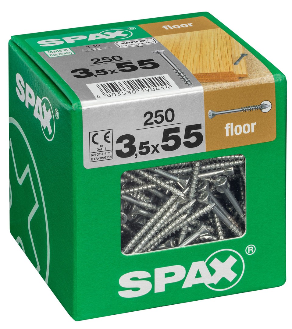 SPAX para suelos de madera maciza, 3,5 x 55 mm, 250 unidades, Rosca parcial, Cabeza plana, T-STAR plus T10, Punta CUT, WIROX