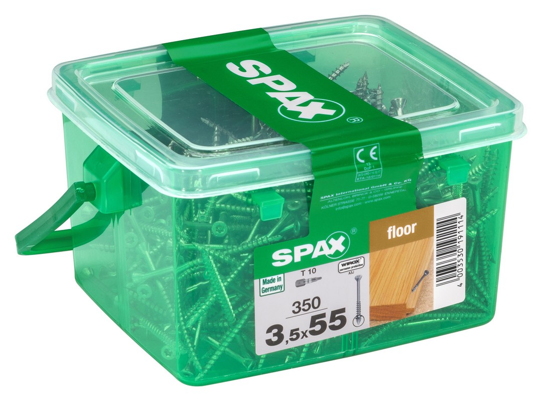 SPAX para suelos de madera maciza, 3,5 x 55 mm, 350 unidades, Rosca parcial, Cabeza plana, T-STAR plus T10, Punta CUT, WIROX