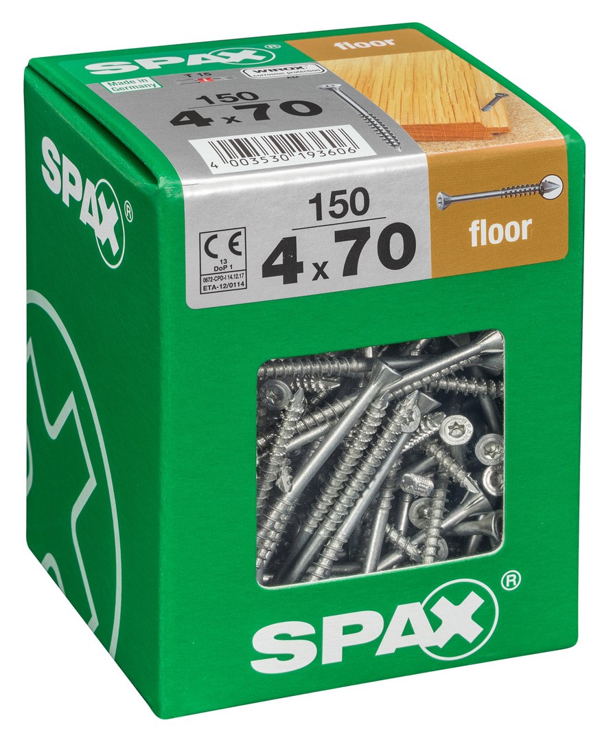 SPAX para suelos de madera maciza, 4 x 70 mm, 150 unidades, Rosca parcial, Cabeza plana, T-STAR plus T10, Punta CUT, WIROX