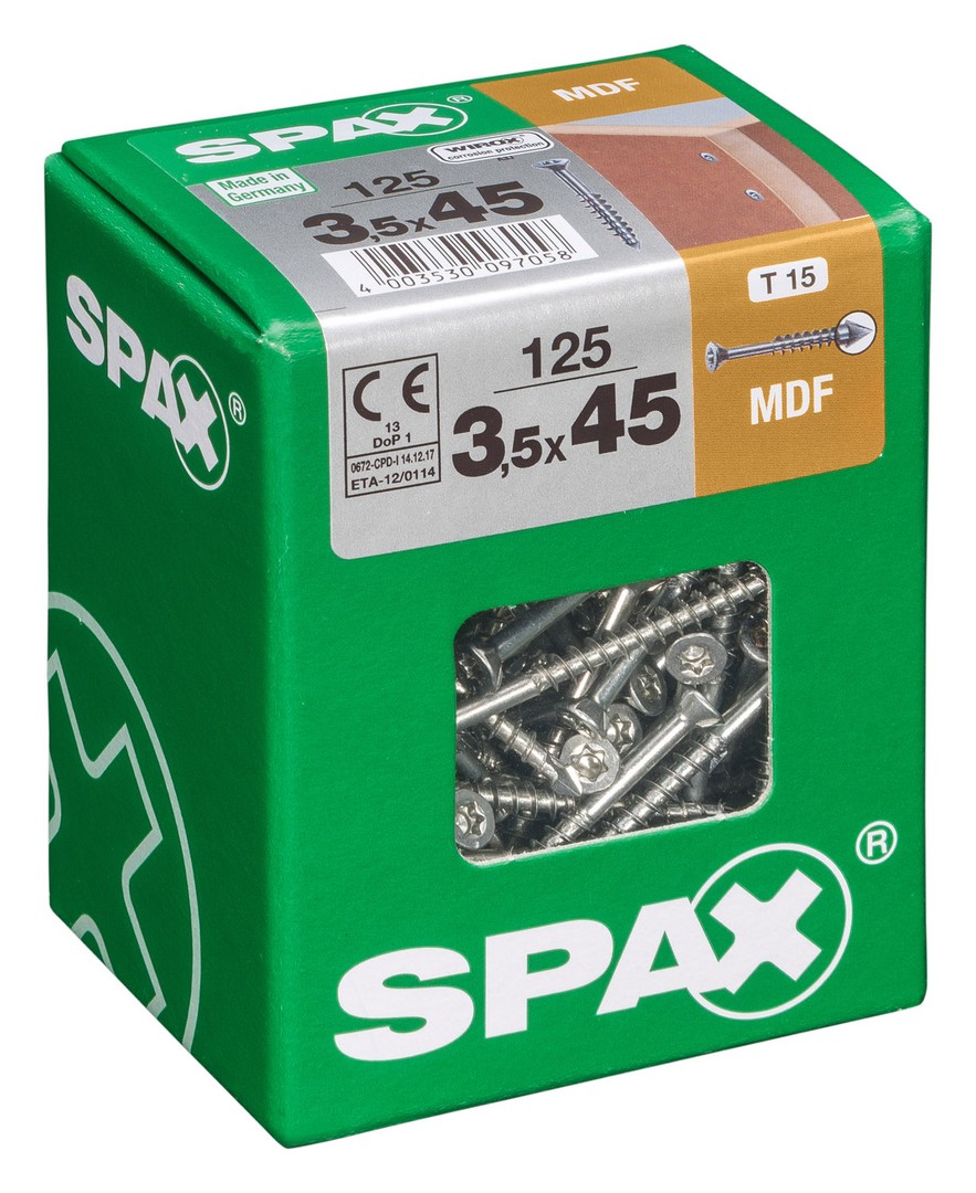 SPAX-M, 3,5 x 45 mm, 125 unidades, Rosca parcial, Cabeza plana, T-STAR plus T15, Punta CUT, WIROX