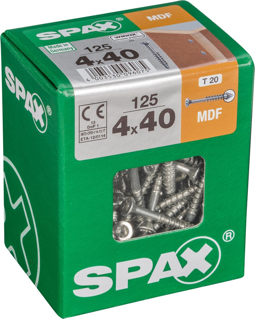 SPAX-M, 4 x 40 mm, 125 unidades, Rosca parcial, Cabeza plana, T-STAR plus T15, Punta CUT, WIROX
