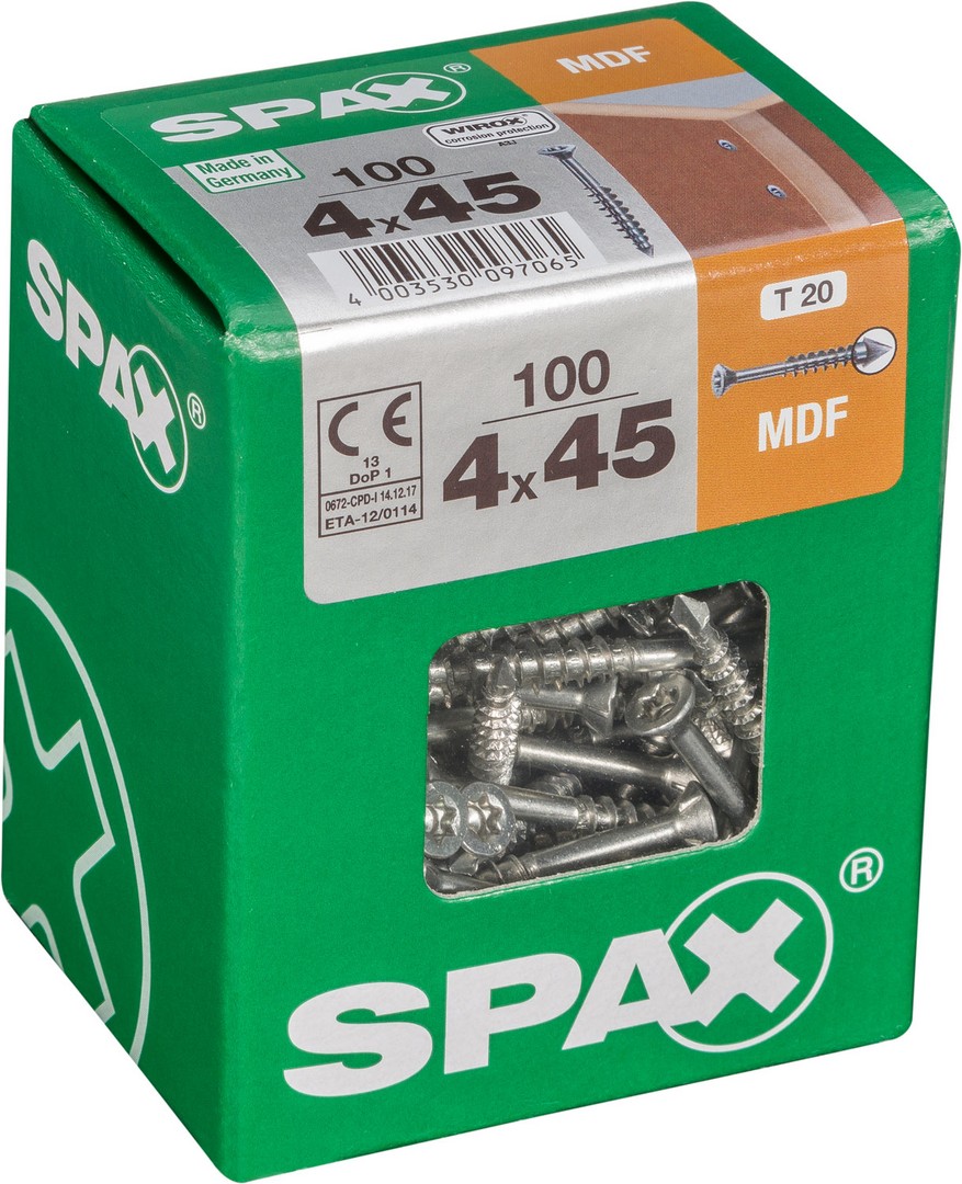 SPAX-M, 4 x 45 mm, 100 unidades, Rosca parcial, Cabeza plana, T-STAR plus T15, Punta CUT, WIROX