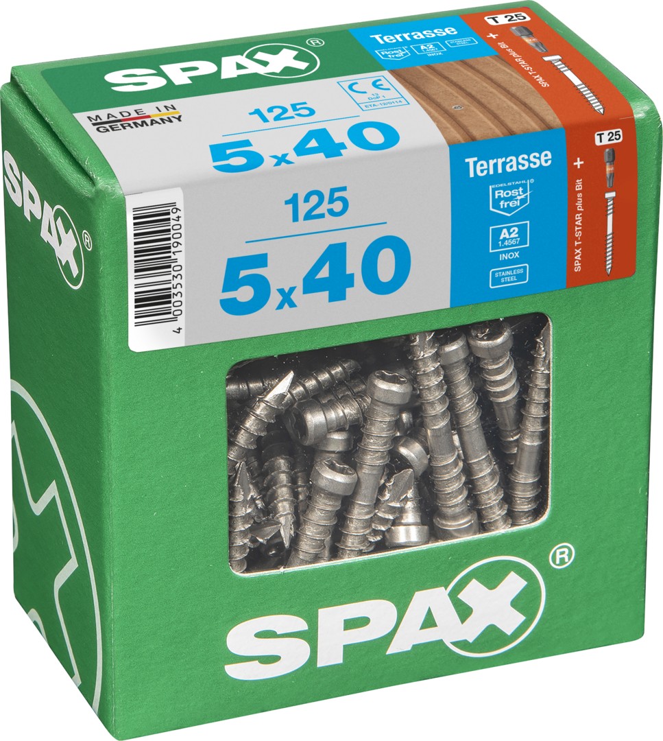 SPAX Tornillo para terraza, 5 x 40 mm, 125 unidades, Rosca de fijación, Cabeza cilíndrica, T-STAR plus T25, Punta CUT, Acero inoxidable A2