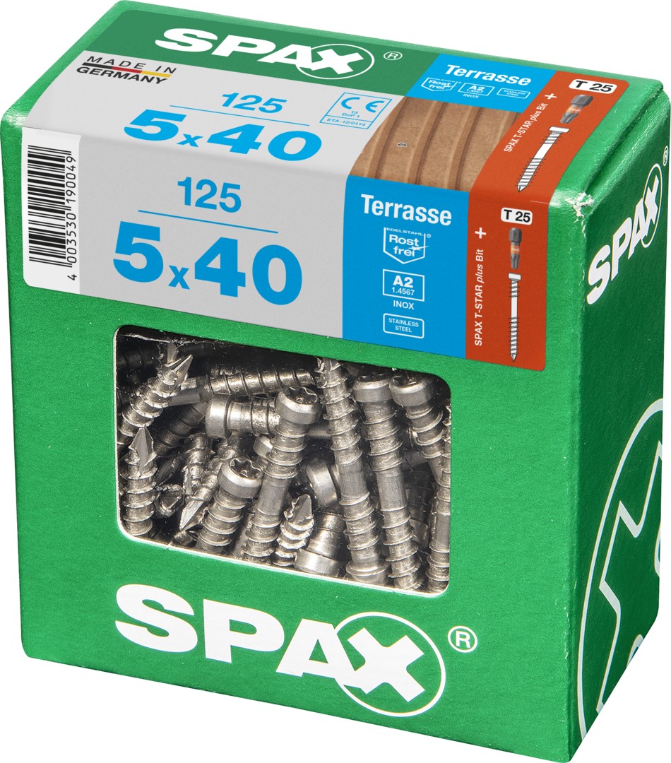 SPAX Tornillo para terraza, 5 x 40 mm, 125 unidades, Rosca de fijación, Cabeza cilíndrica, T-STAR plus T25, Punta CUT, Acero inoxidable A2