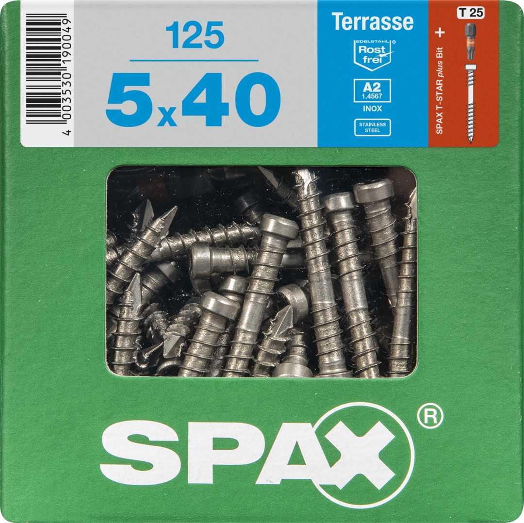 SPAX Tornillo para terraza, 5 x 40 mm, 125 unidades, Rosca de fijación, Cabeza cilíndrica, T-STAR plus T25, Punta CUT, Acero inoxidable A2