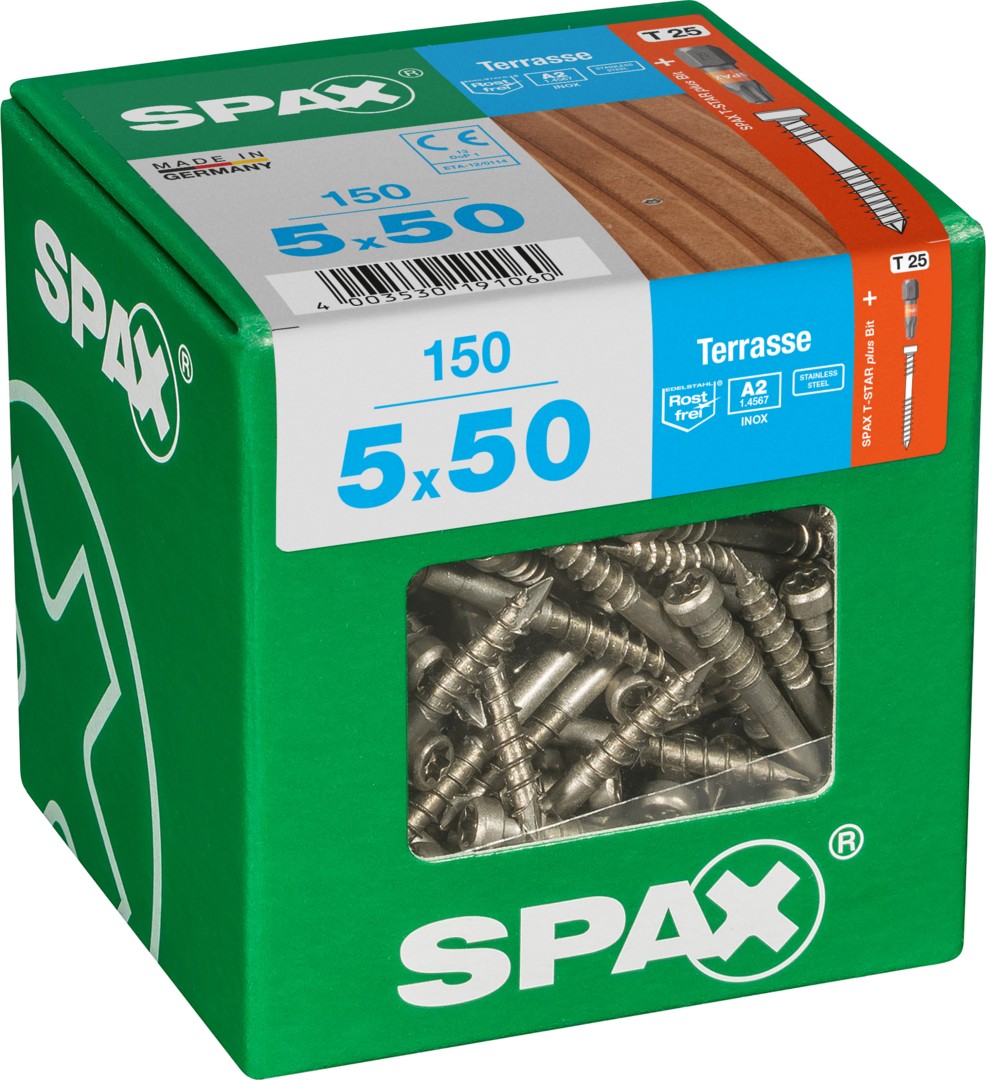 SPAX Tornillo para terraza, 5 x 50 mm, 150 unidades, Rosca de fijación, Cabeza cilíndrica, T-STAR plus T25, Punta CUT, Acero inoxidable A2