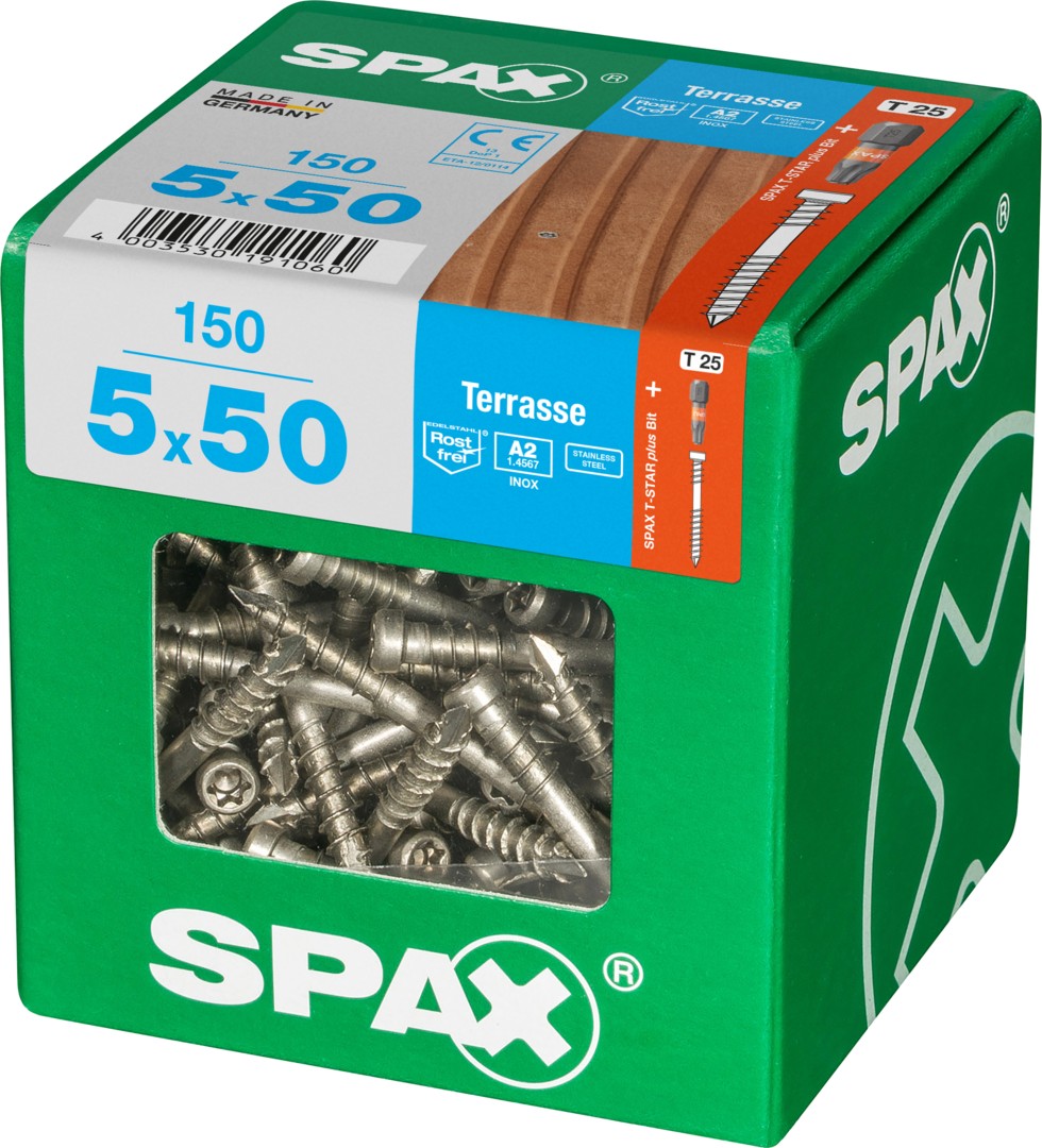SPAX Tornillo para terraza, 5 x 50 mm, 150 unidades, Rosca de fijación, Cabeza cilíndrica, T-STAR plus T25, Punta CUT, Acero inoxidable A2