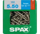 SPAX Tornillo para terraza, 5 x 50 mm, 150 unidades, Rosca de fijación, Cabeza cilíndrica, T-STAR plus T25, Punta CUT, Acero inoxidable A2