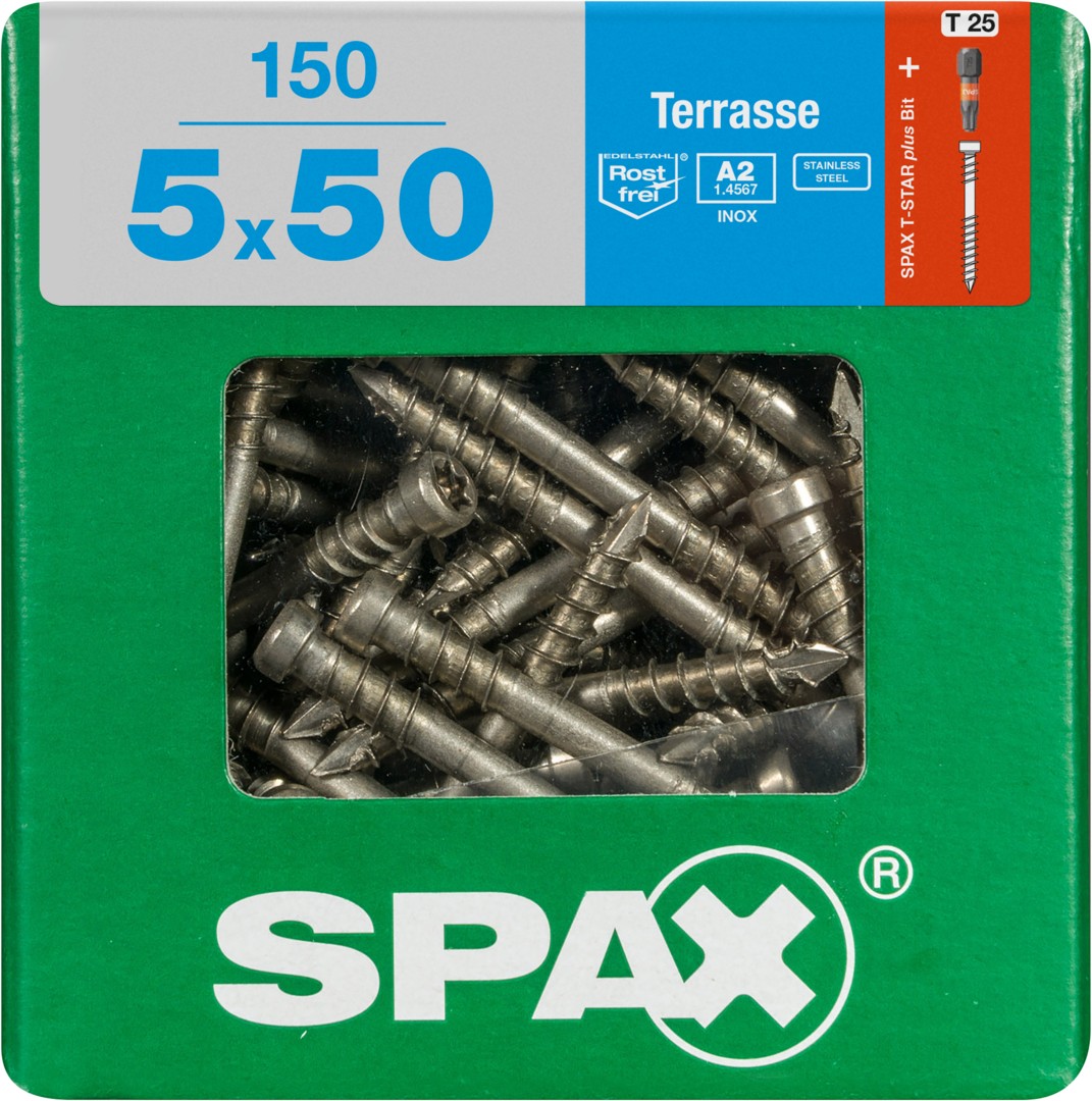 SPAX Tornillo para terraza, 5 x 50 mm, 150 unidades, Rosca de fijación, Cabeza cilíndrica, T-STAR plus T25, Punta CUT, Acero inoxidable A2