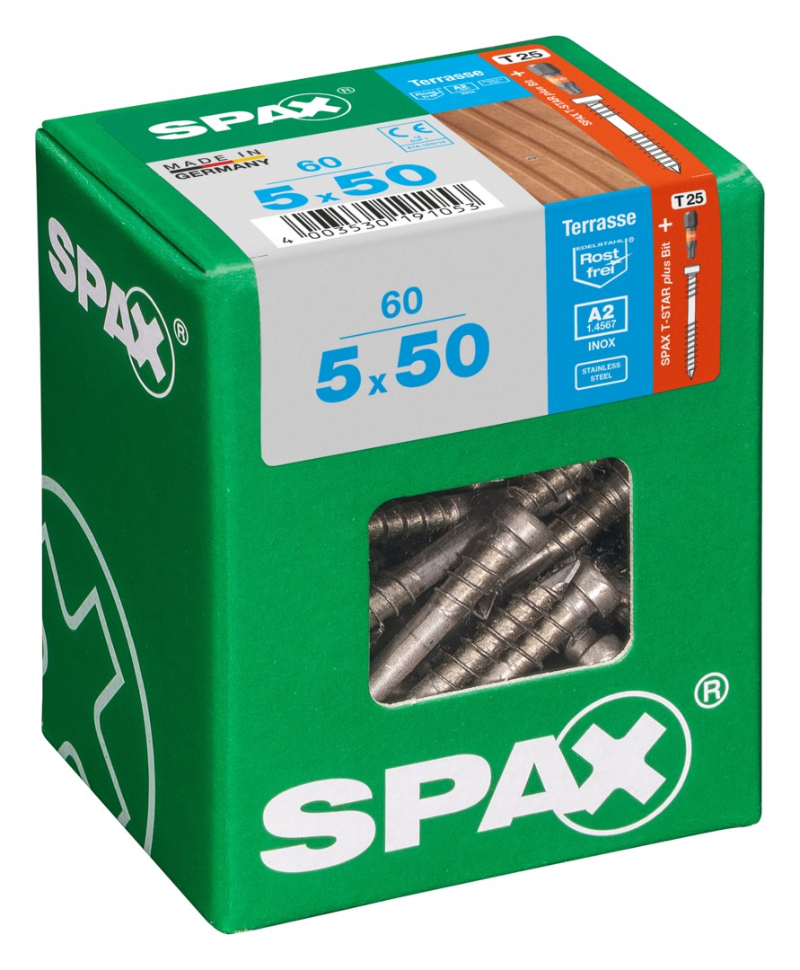 SPAX Tornillo para terraza, 5 x 50 mm, 60 unidades, Rosca de fijación, Cabeza cilíndrica, T-STAR plus T25, Punta CUT, Acero inoxidable A2