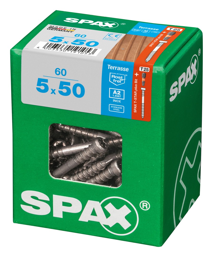 SPAX Tornillo para terraza, 5 x 50 mm, 60 unidades, Rosca de fijación, Cabeza cilíndrica, T-STAR plus T25, Punta CUT, Acero inoxidable A2