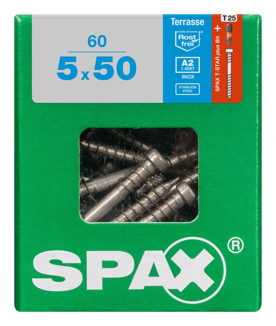 SPAX Tornillo para terraza, 5 x 50 mm, 60 unidades, Rosca de fijación, Cabeza cilíndrica, T-STAR plus T25, Punta CUT, Acero inoxidable A2