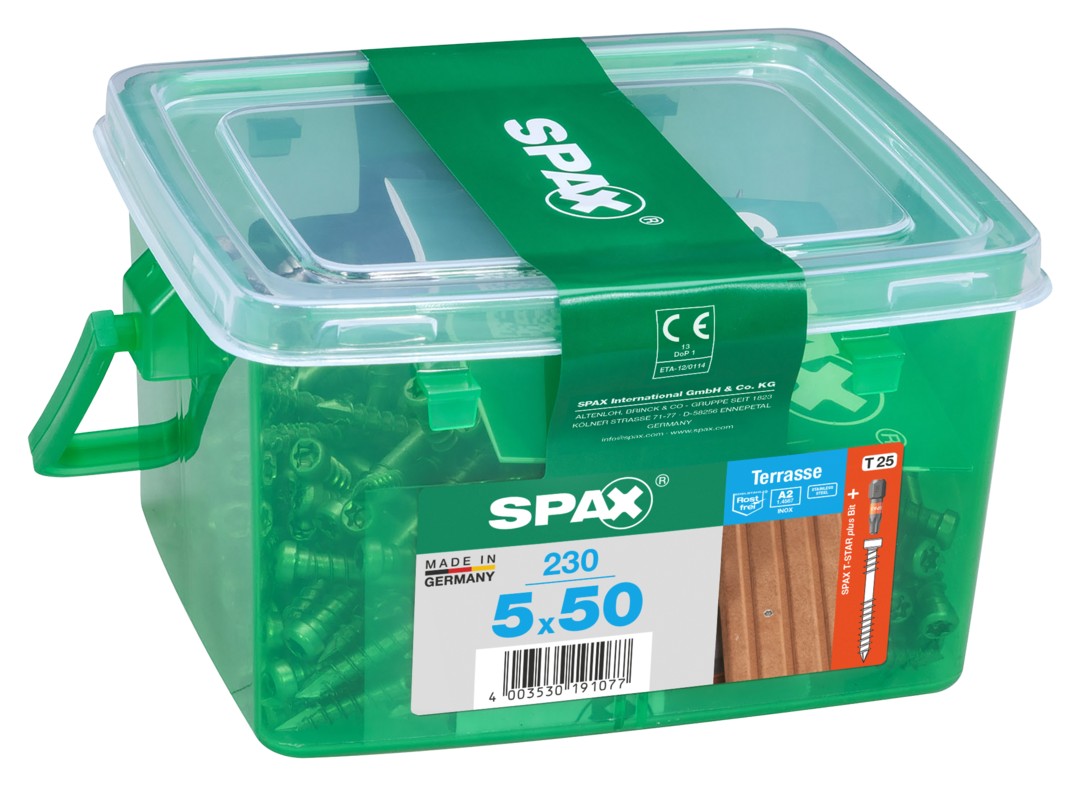 SPAX Tornillo para terraza, 5 x 50 mm, 230 unidades, Rosca de fijación, Cabeza cilíndrica, T-STAR plus T25, Punta CUT, Acero inoxidable A2