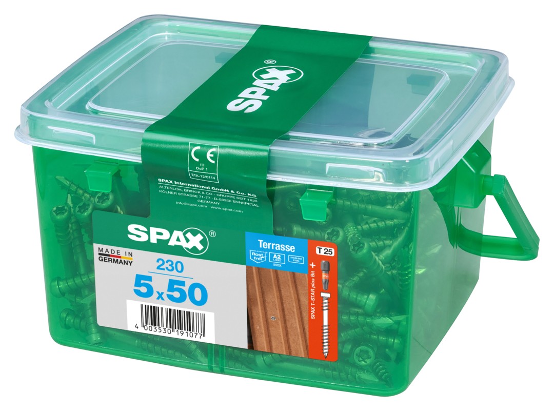 SPAX Tornillo para terraza, 5 x 50 mm, 230 unidades, Rosca de fijación, Cabeza cilíndrica, T-STAR plus T25, Punta CUT, Acero inoxidable A2