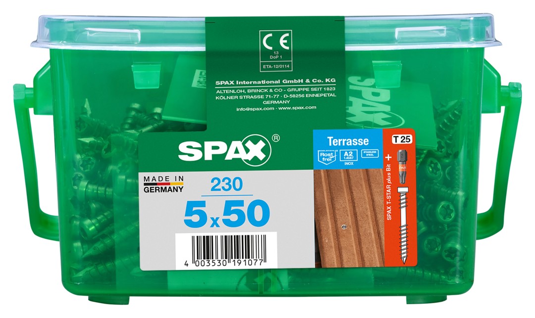 SPAX Tornillo para terraza, 5 x 50 mm, 230 unidades, Rosca de fijación, Cabeza cilíndrica, T-STAR plus T25, Punta CUT, Acero inoxidable A2