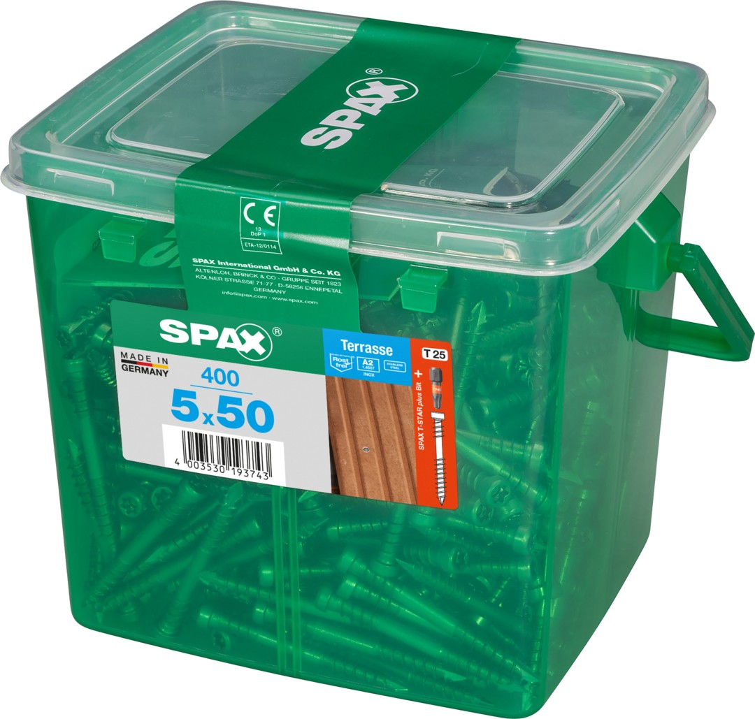 SPAX Tornillo para terraza, 5 x 50 mm, 400 unidades, Rosca de fijación, Cabeza cilíndrica, T-STAR plus T25, Punta CUT, Acero inoxidable A2