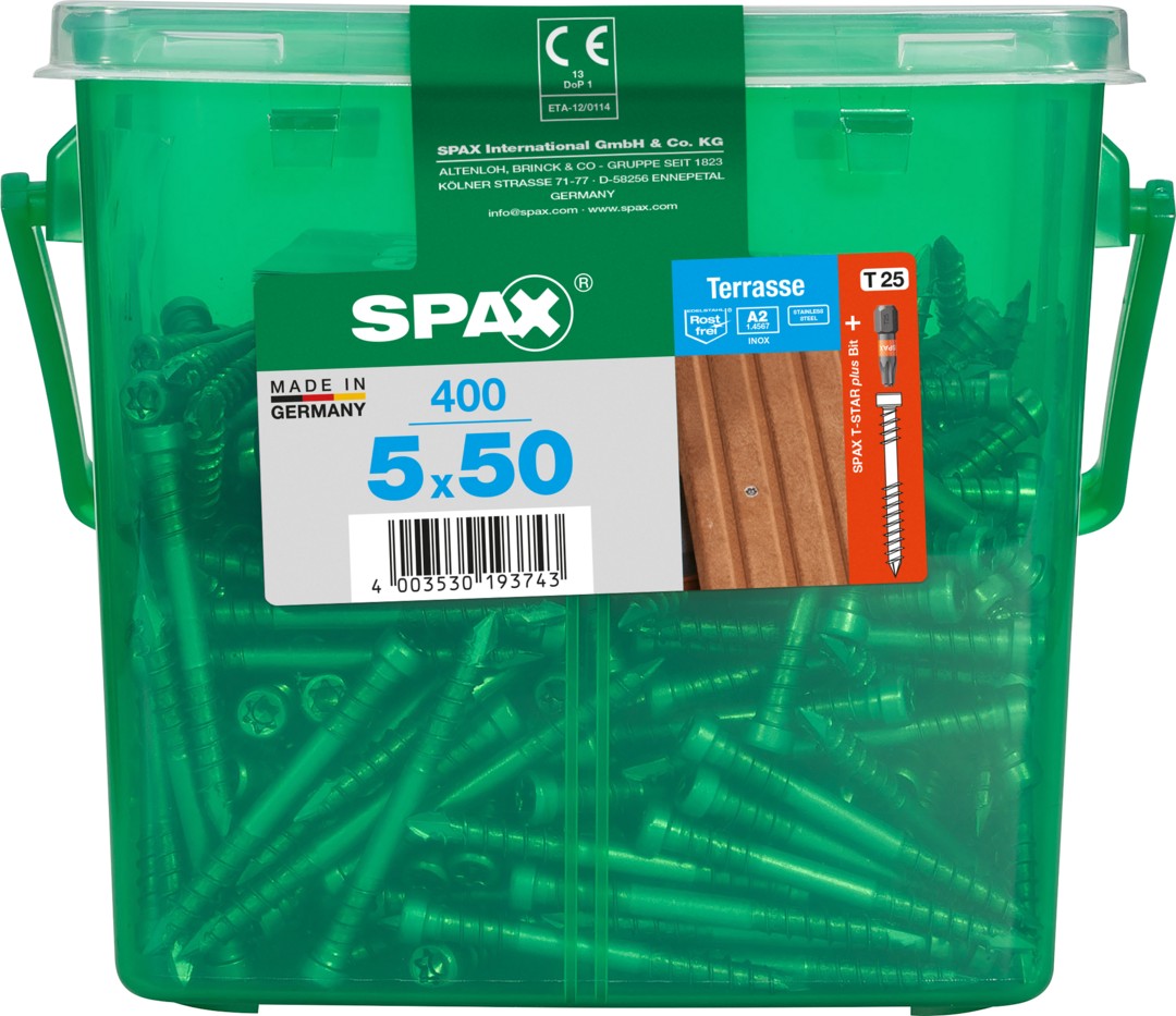 SPAX Tornillo para terraza, 5 x 50 mm, 400 unidades, Rosca de fijación, Cabeza cilíndrica, T-STAR plus T25, Punta CUT, Acero inoxidable A2