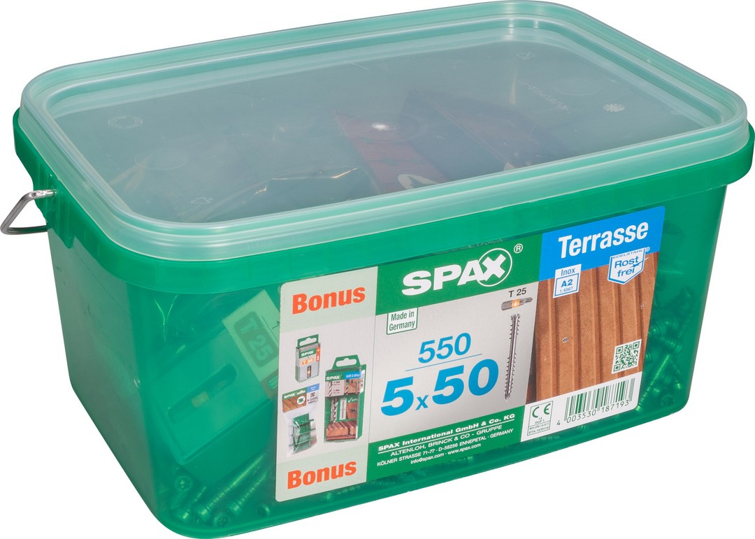 SPAX Tornillo para terraza Conjunto de bonificaciones, 5 x 50 mm, 550 unidades, Rosca de fijación, Cabeza cilíndrica, T-STAR plus T25, Punta CUT, Acero inox A2