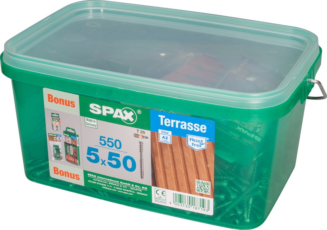 SPAX Tornillo para terraza Conjunto de bonificaciones, 5 x 50 mm, 550 unidades, Rosca de fijación, Cabeza cilíndrica, T-STAR plus T25, Punta CUT, Acero inox A2