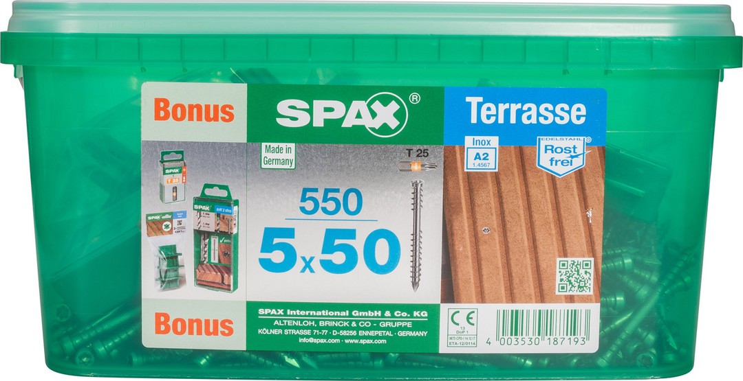 SPAX Tornillo para terraza Conjunto de bonificaciones, 5 x 50 mm, 550 unidades, Rosca de fijación, Cabeza cilíndrica, T-STAR plus T25, Punta CUT, Acero inox A2
