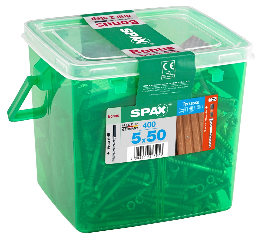 SPAX Tornillo para terraza Conjunto de bonificaciones, 5 x 50 mm, 400 unidades, Rosca de fijación, Cabeza cilíndrica, T-STAR plus T25, Punta CUT, Acero inox A2