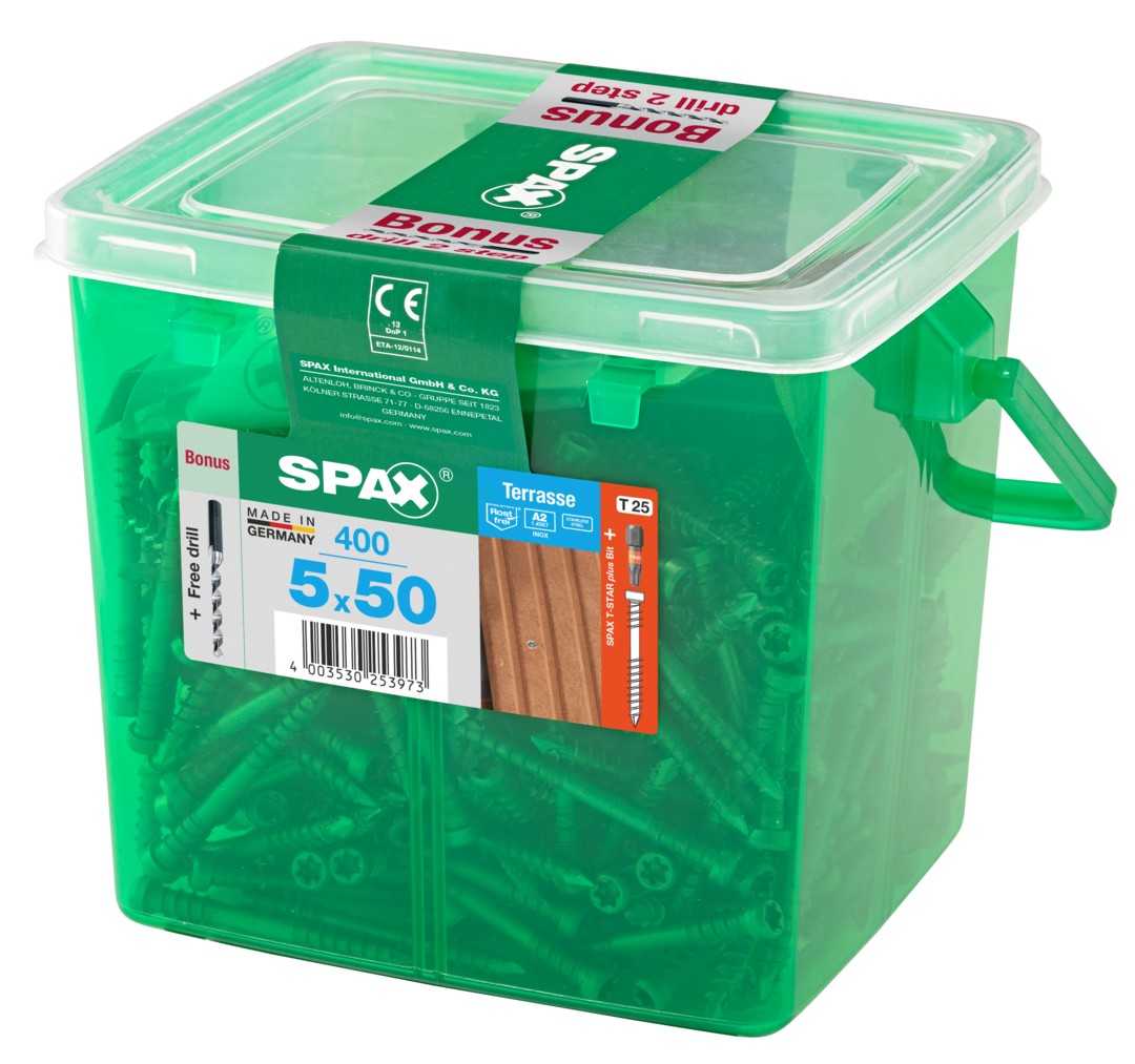 SPAX Tornillo para terraza Conjunto de bonificaciones, 5 x 50 mm, 400 unidades, Rosca de fijación, Cabeza cilíndrica, T-STAR plus T25, Punta CUT, Acero inox A2