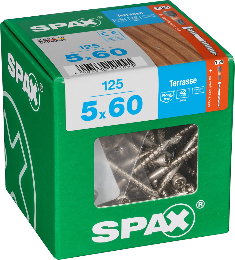SPAX Tornillo para terraza, 5 x 60 mm, 125 unidades, Rosca de fijación, Cabeza cilíndrica, T-STAR plus T25, Punta CUT, Acero inoxidable A2