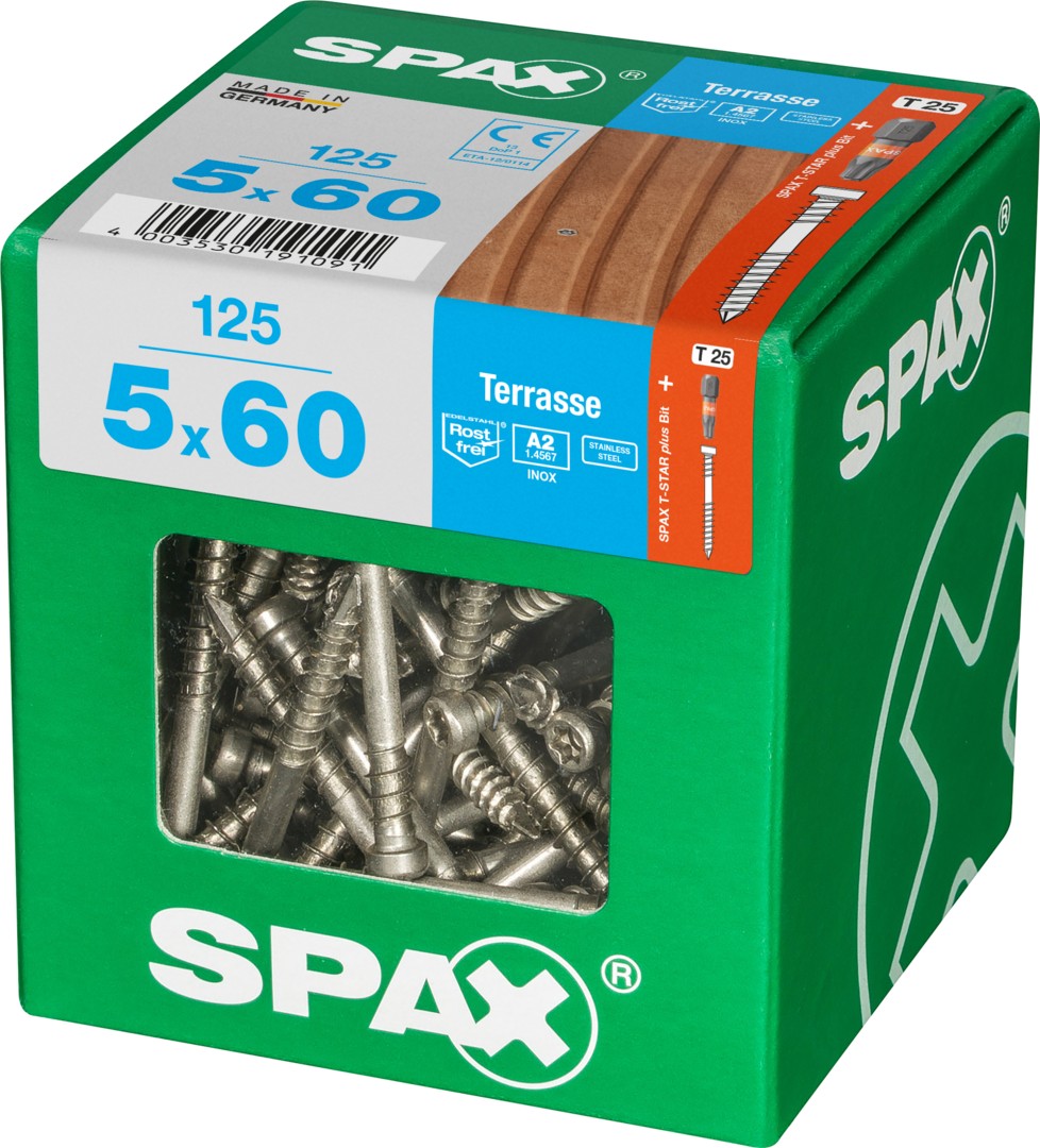 SPAX Tornillo para terraza, 5 x 60 mm, 125 unidades, Rosca de fijación, Cabeza cilíndrica, T-STAR plus T25, Punta CUT, Acero inoxidable A2
