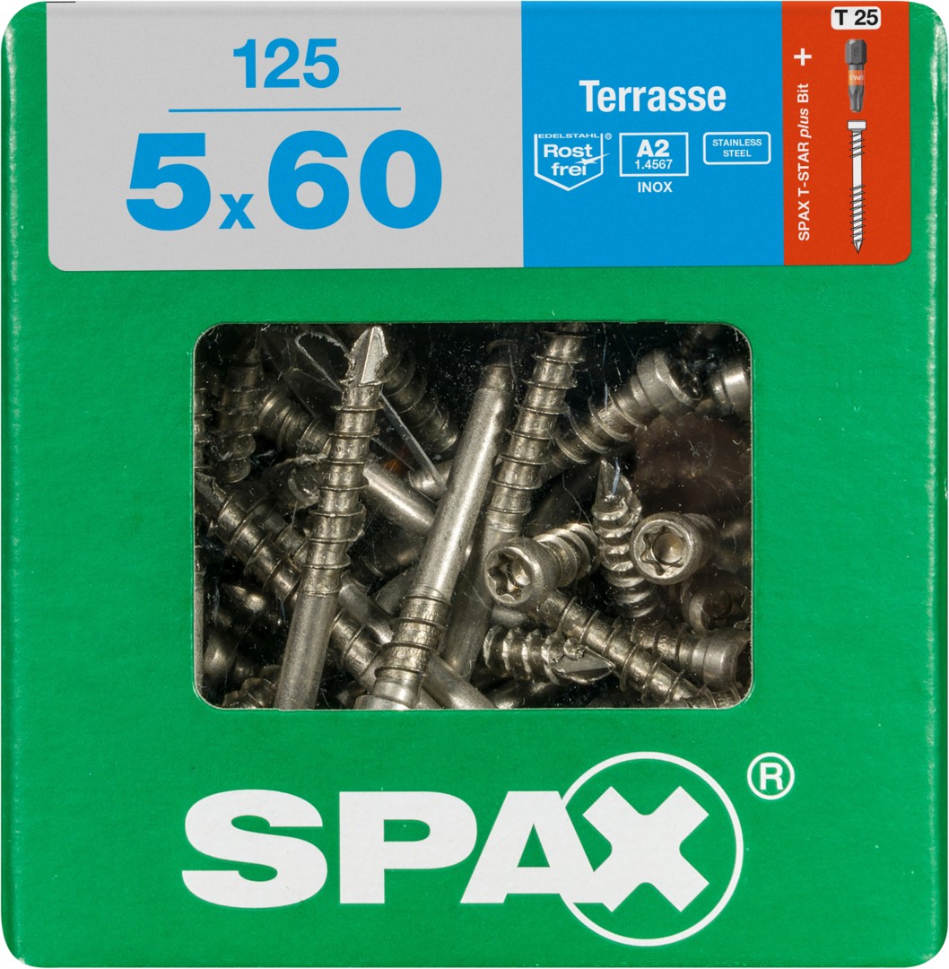 SPAX Tornillo para terraza, 5 x 60 mm, 125 unidades, Rosca de fijación, Cabeza cilíndrica, T-STAR plus T25, Punta CUT, Acero inoxidable A2