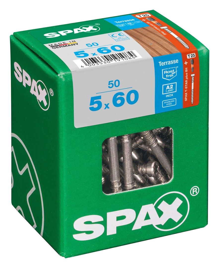 SPAX Tornillo para terraza, 5 x 60 mm, 50 unidades, Rosca de fijación, Cabeza cilíndrica, T-STAR plus T25, Punta CUT, Acero inoxidable A2