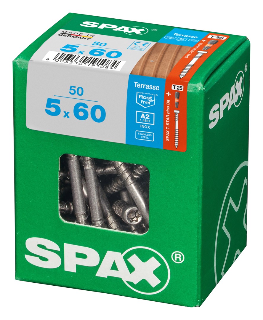 SPAX Tornillo para terraza, 5 x 60 mm, 50 unidades, Rosca de fijación, Cabeza cilíndrica, T-STAR plus T25, Punta CUT, Acero inoxidable A2