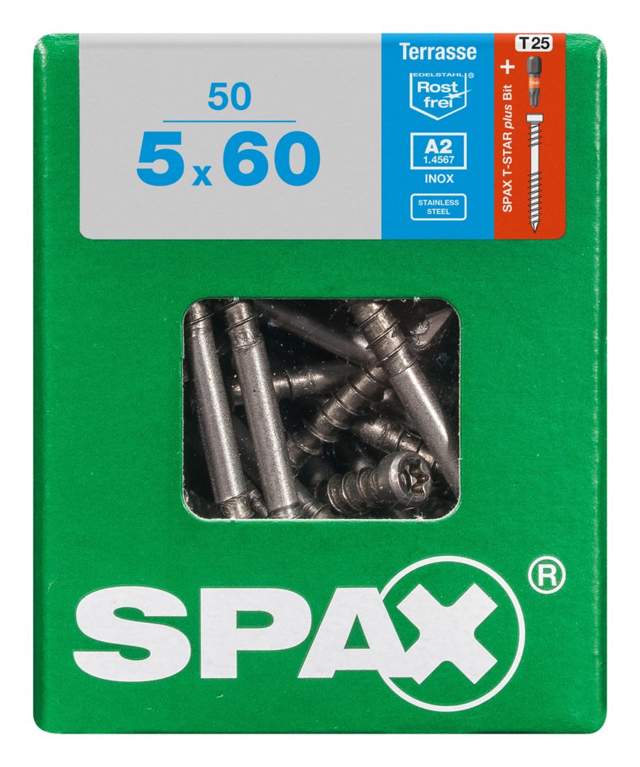 SPAX Tornillo para terraza, 5 x 60 mm, 50 unidades, Rosca de fijación, Cabeza cilíndrica, T-STAR plus T25, Punta CUT, Acero inoxidable A2