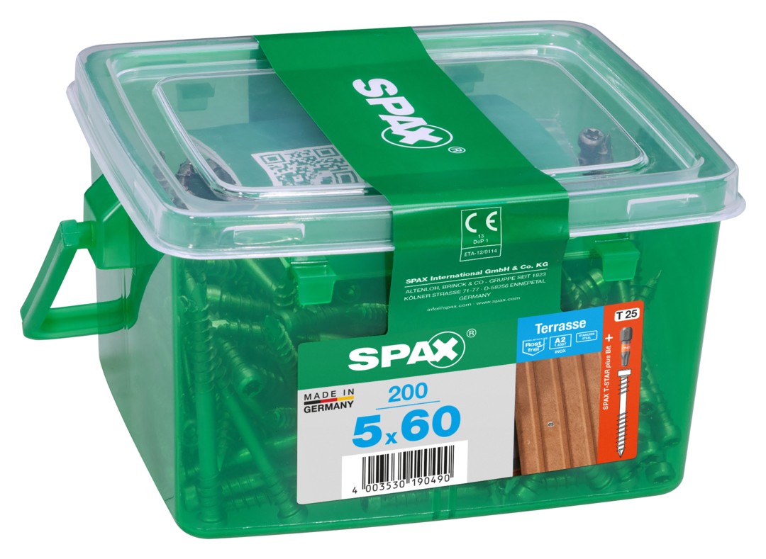 SPAX Tornillo para terraza, 5 x 60 mm, 200 unidades, Rosca de fijación, Cabeza cilíndrica, T-STAR plus T25, Punta CUT, Acero inoxidable A2