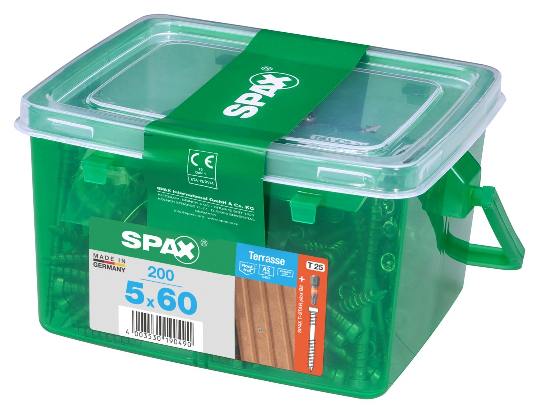 SPAX Tornillo para terraza, 5 x 60 mm, 200 unidades, Rosca de fijación, Cabeza cilíndrica, T-STAR plus T25, Punta CUT, Acero inoxidable A2