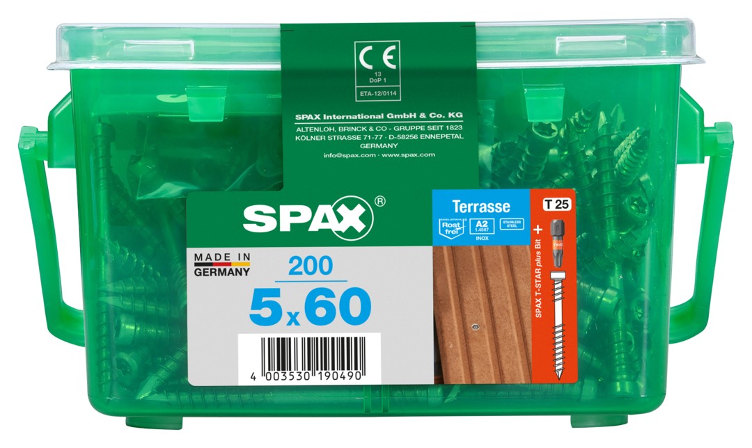 SPAX Tornillo para terraza, 5 x 60 mm, 200 unidades, Rosca de fijación, Cabeza cilíndrica, T-STAR plus T25, Punta CUT, Acero inoxidable A2