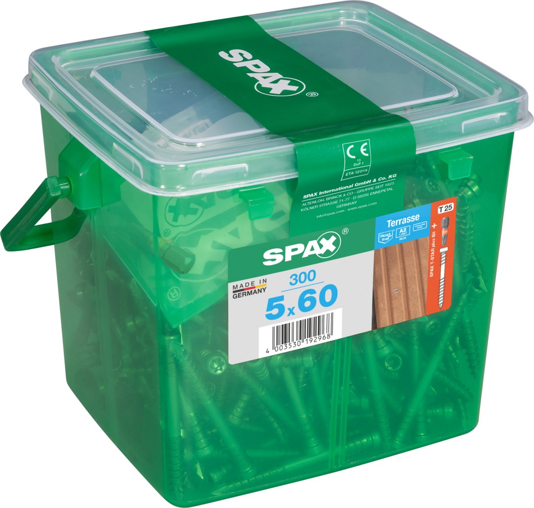 SPAX Tornillo para terraza, 5 x 60 mm, 300 unidades, Rosca de fijación, Cabeza cilíndrica, T-STAR plus T25, Punta CUT, Acero inoxidable A2