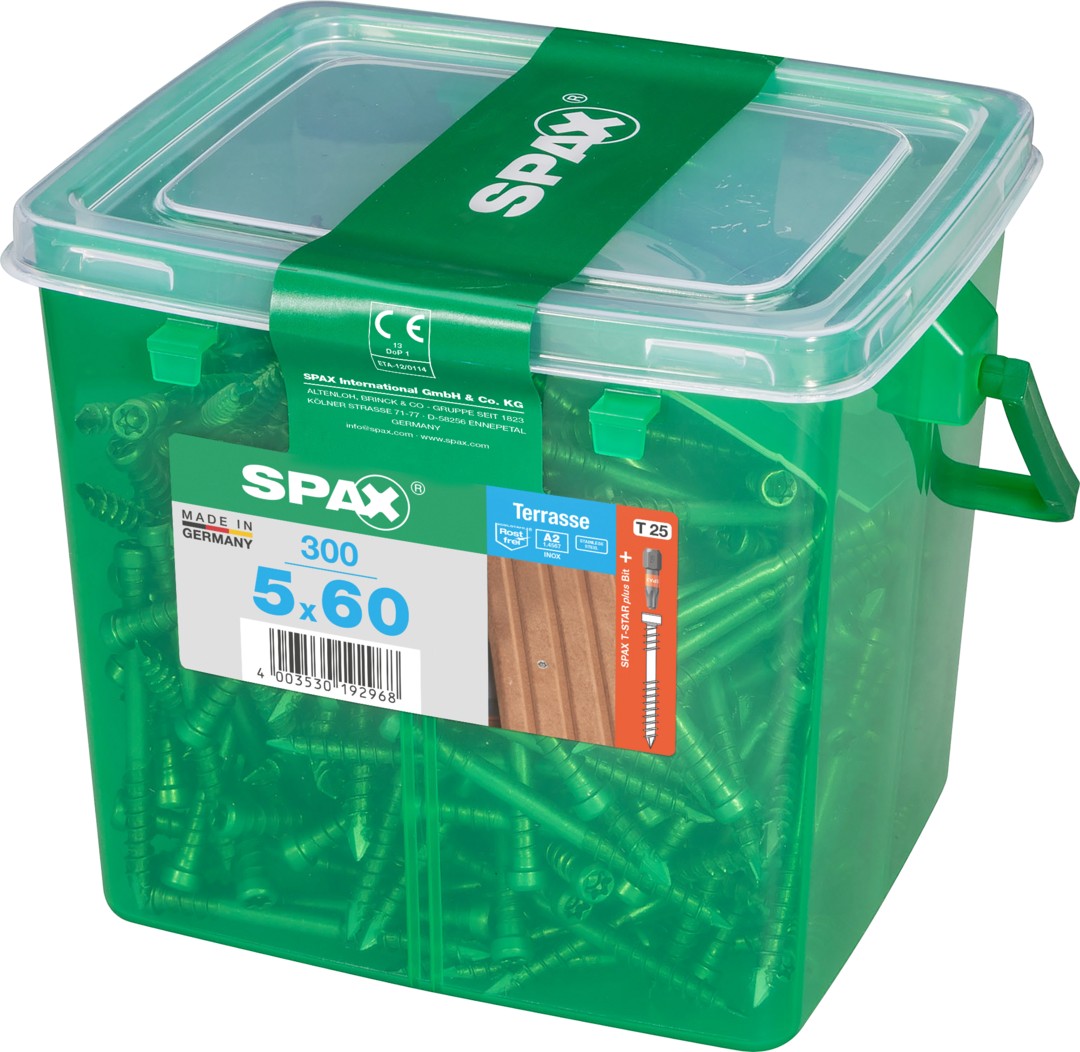 SPAX Tornillo para terraza, 5 x 60 mm, 300 unidades, Rosca de fijación, Cabeza cilíndrica, T-STAR plus T25, Punta CUT, Acero inoxidable A2