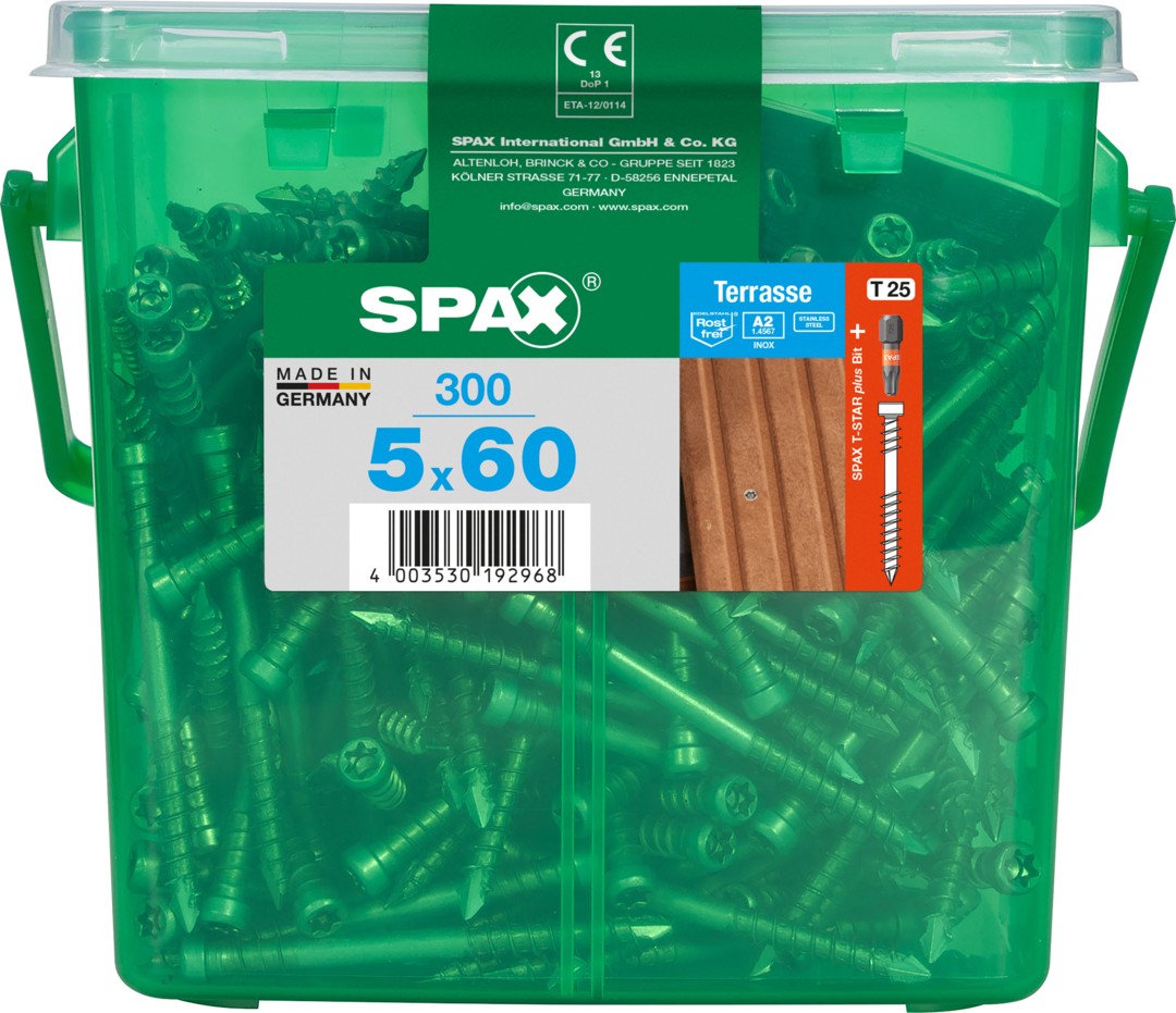 SPAX Tornillo para terraza, 5 x 60 mm, 300 unidades, Rosca de fijación, Cabeza cilíndrica, T-STAR plus T25, Punta CUT, Acero inoxidable A2