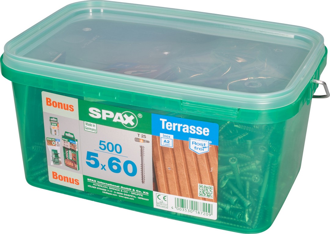 SPAX Tornillo para terraza Conjunto de bonificaciones, 5 x 60 mm, 500 unidades, Rosca de fijación, Cabeza cilíndrica, T-STAR plus T25, Punta CUT, Acero inox A2
