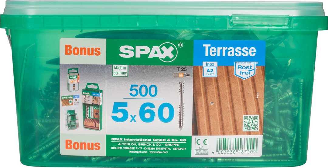SPAX Tornillo para terraza Conjunto de bonificaciones, 5 x 60 mm, 500 unidades, Rosca de fijación, Cabeza cilíndrica, T-STAR plus T25, Punta CUT, Acero inox A2