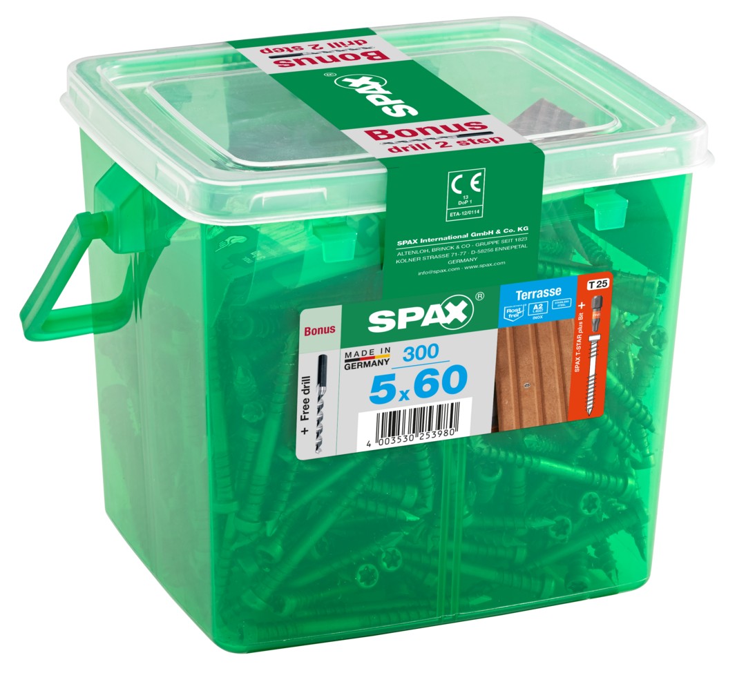 SPAX Tornillo para terraza Conjunto de bonificaciones, 5 x 60 mm, 300 unidades, Rosca de fijación, Cabeza cilíndrica, T-STAR plus T25, Punta CUT, Acero inox A2