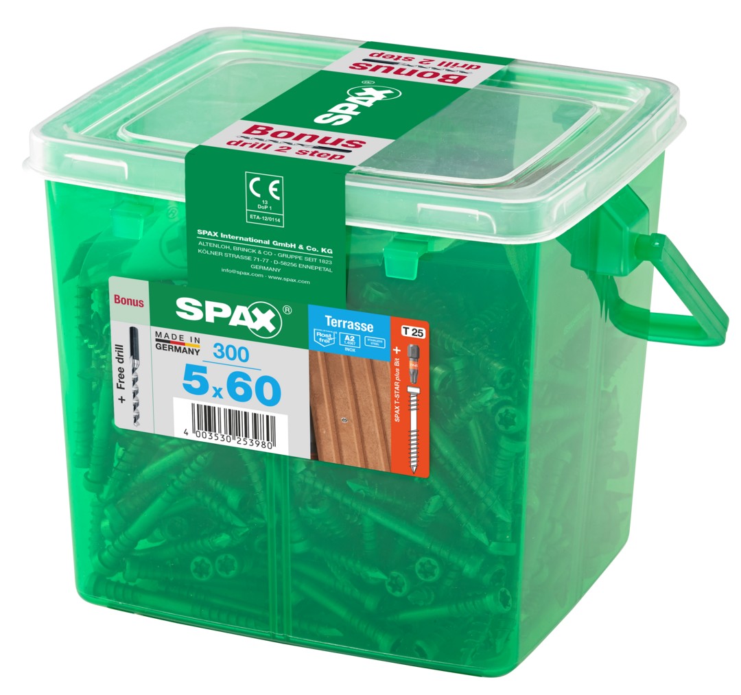 SPAX Tornillo para terraza Conjunto de bonificaciones, 5 x 60 mm, 300 unidades, Rosca de fijación, Cabeza cilíndrica, T-STAR plus T25, Punta CUT, Acero inox A2