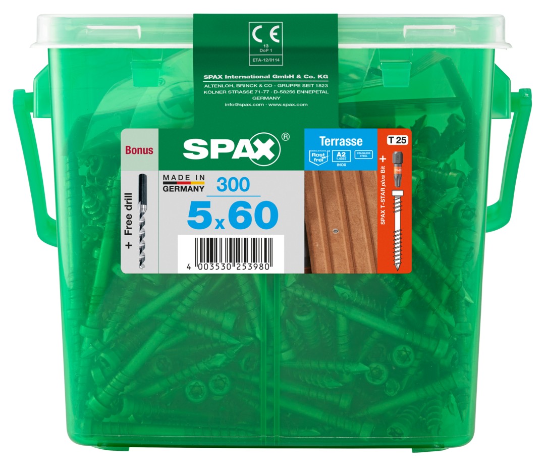 SPAX Tornillo para terraza Conjunto de bonificaciones, 5 x 60 mm, 300 unidades, Rosca de fijación, Cabeza cilíndrica, T-STAR plus T25, Punta CUT, Acero inox A2